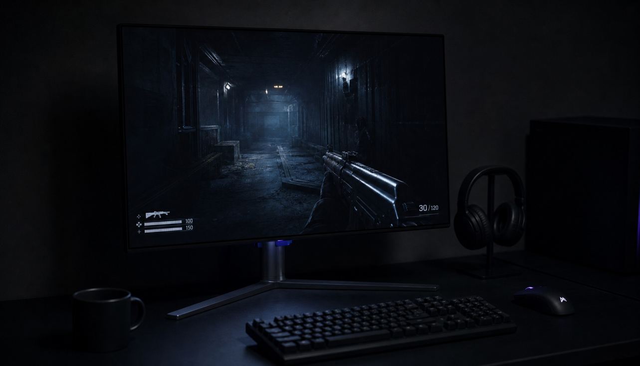 Gaming monitor displaying a dark scene in a dim room, showing preserved shadow detail and black level depth