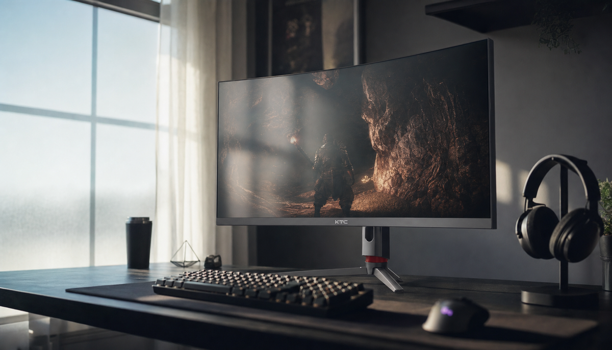 Gaming monitor displaying a dark scene with window light reflection washing out shadow detail on screen