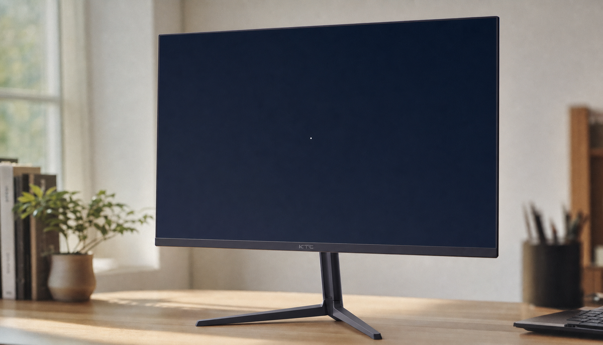 Gaming monitor displaying a dark screen with a single bright dead pixel near the center