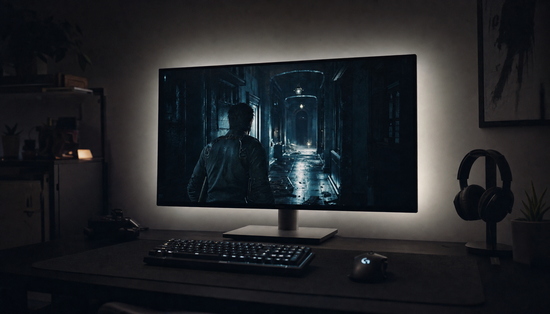 Gaming monitor displaying a dark shadowed scene in a dim room with soft neutral bias lighting glowing behind the screen
