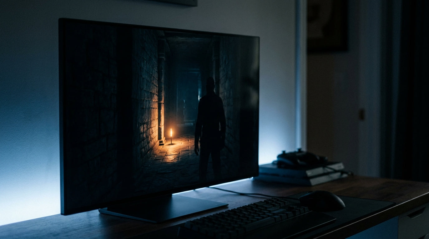 Gaming monitor displaying a dark stealth game corridor scene with deep shadow detail and near-black tones