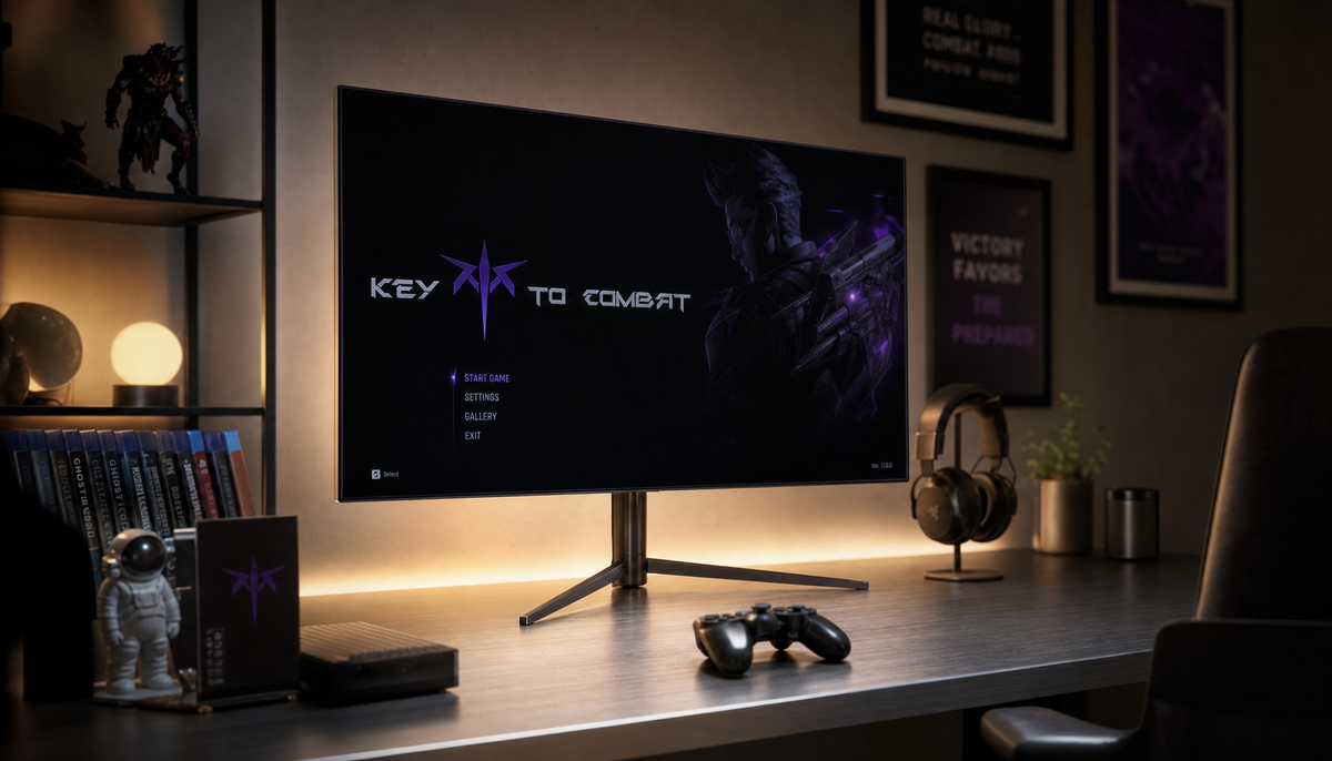 Gaming monitor displaying a deep black title screen next to a console controller on a desk, illustrating correct RGB black level setup