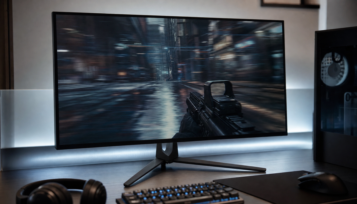Gaming monitor displaying a fast camera pan in a first-person shooter, showing motion stutter artifacts