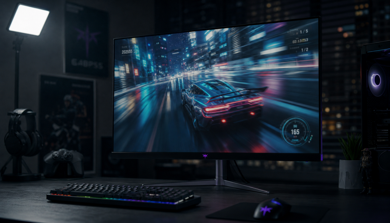 Gaming monitor displaying a fast-motion game scene on a dark desk, illustrating the effect of display settings on motion clarity
