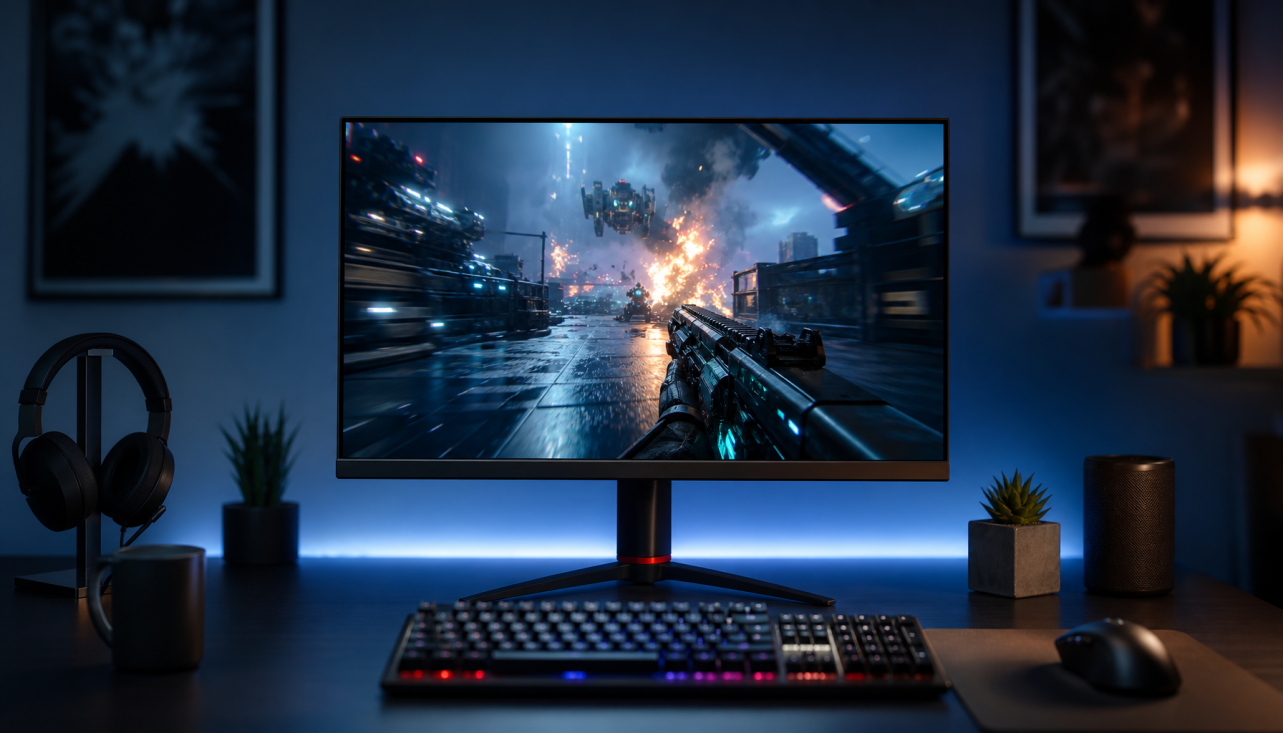 Gaming monitor displaying a fast-paced FPS scene, illustrating how overdrive settings affect motion clarity on high-refresh displays