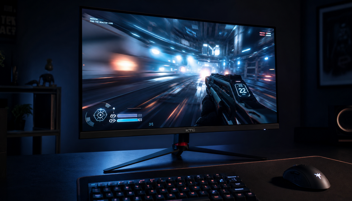 Gaming monitor displaying a fast-paced game in a dim room, illustrating refresh rate and frame rate synchronization