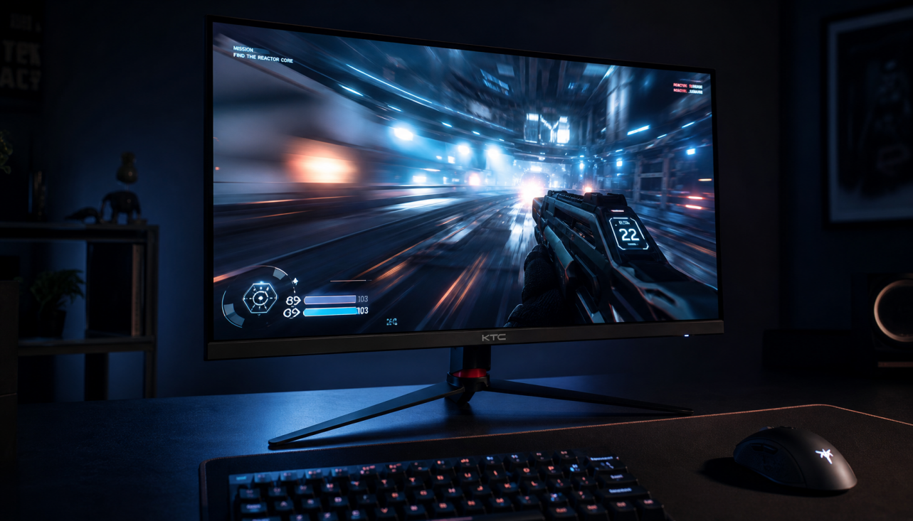 Gaming monitor displaying a fast-paced game in a dim room, illustrating refresh rate and frame rate synchronization