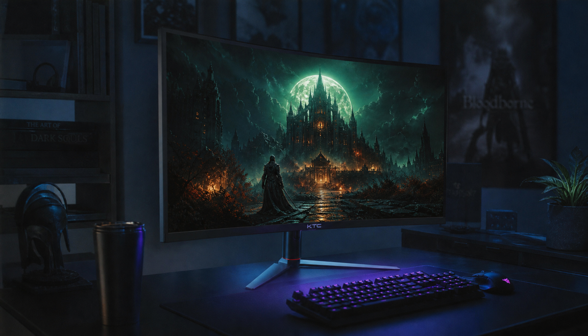 Gaming monitor displaying a high-contrast dark fantasy scene with vivid colors emerging from deep black shadows