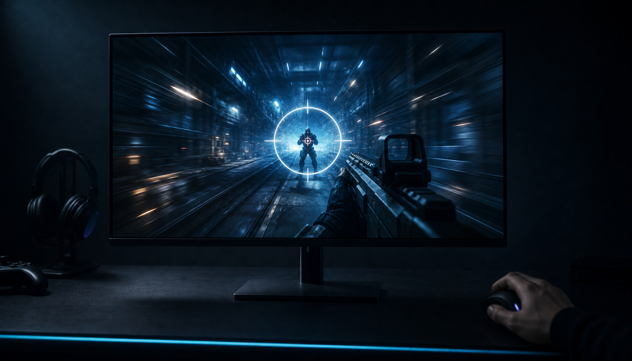 Gaming monitor displaying a high-speed FPS scene in a dark esports setup, illustrating the connection between motion blur reduction and input responsiveness