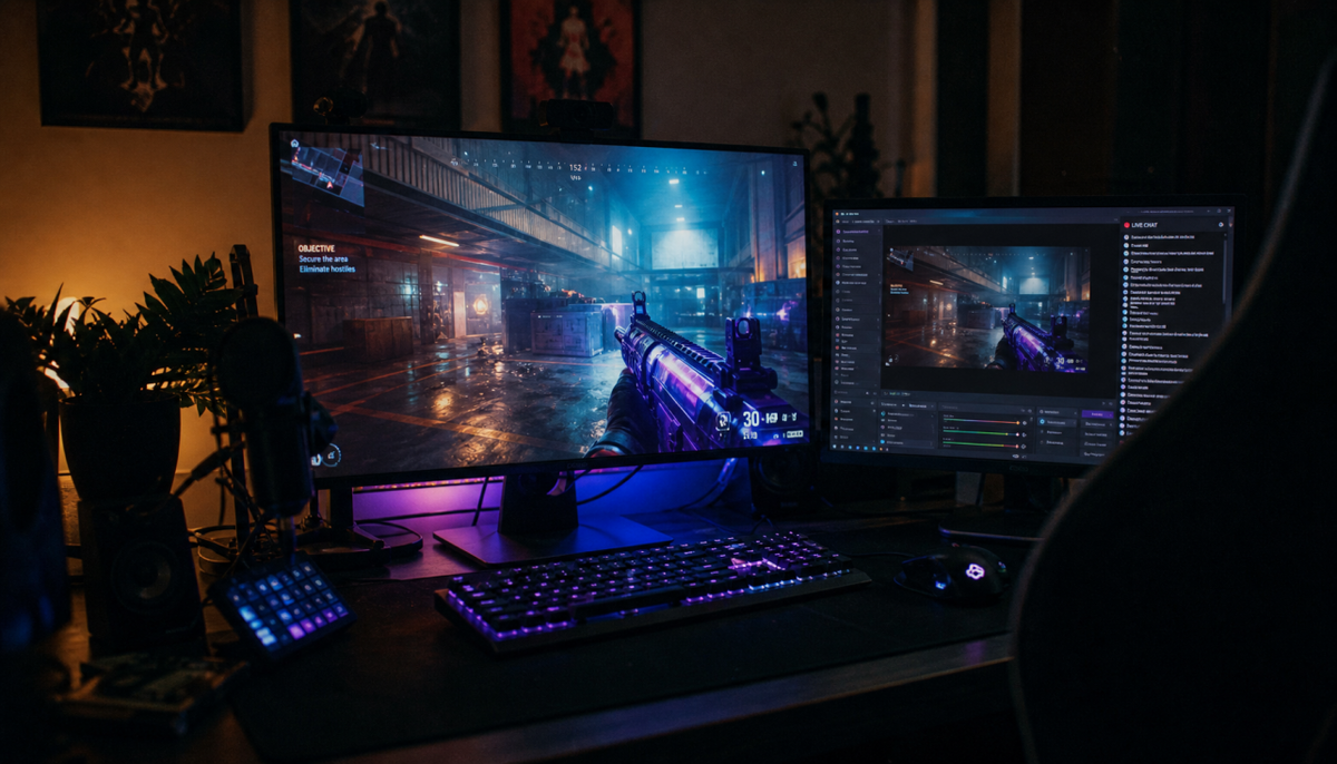 Gaming monitor displaying a live gameplay stream with streaming software visible on a secondary screen in a dim setup