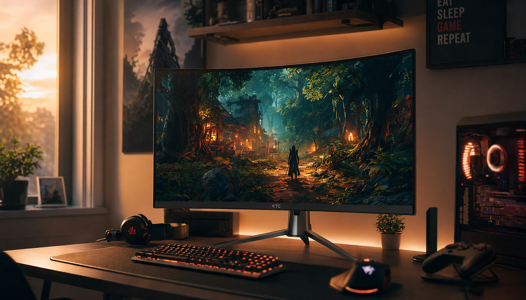 Gaming monitor displaying a richly colored cinematic RPG scene on a warmly lit desk, illustrating wide color gamut coverage