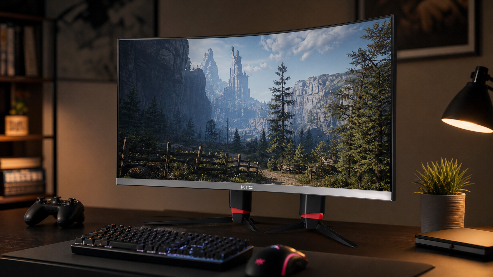 Gaming monitor displaying a sharply rendered scene with crisp edge detail, illustrating how supersampling improves image quality