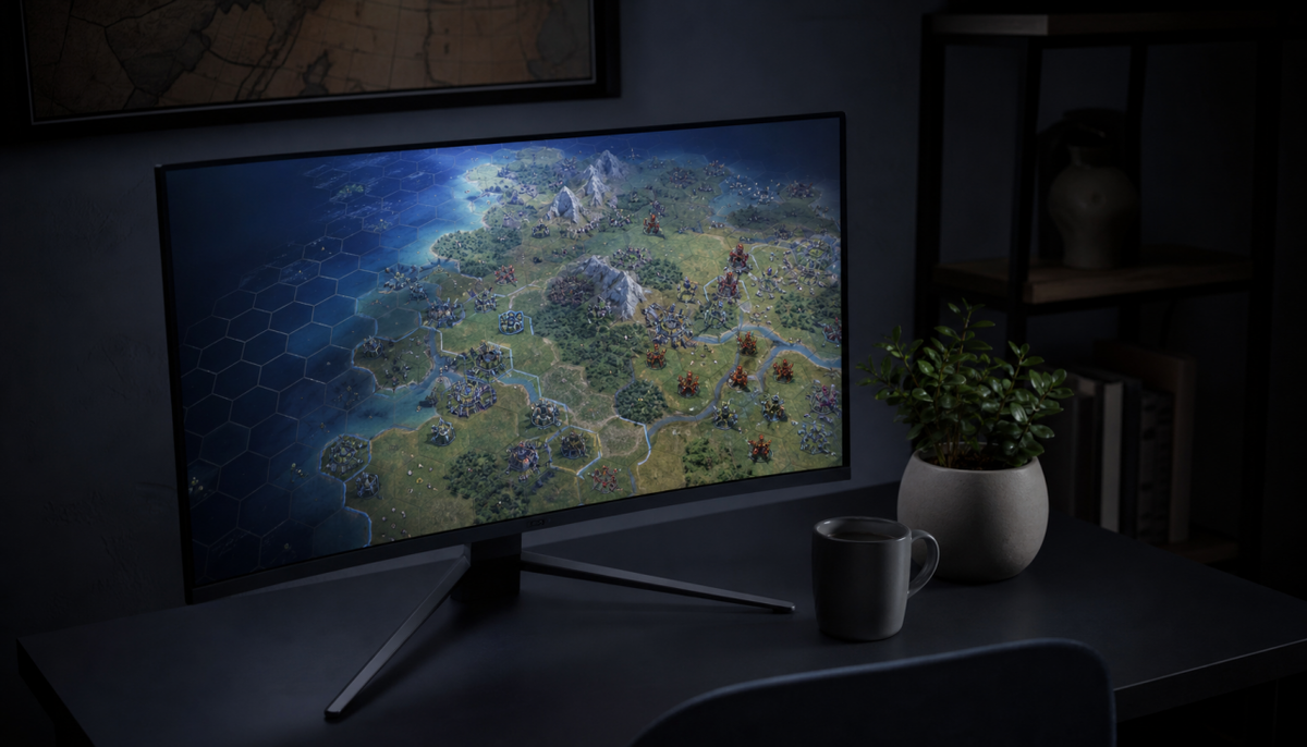 Gaming monitor displaying a turn-based strategy game map in a quiet home office setup