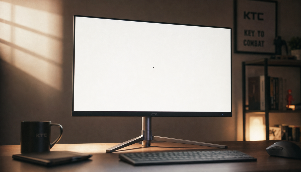 Gaming monitor displaying a white screen to reveal a dead pixel defect near the center of the panel