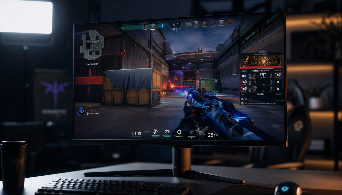 Gaming monitor displaying an FPS game at 480Hz with sharp motion clarity in a dark esports setup