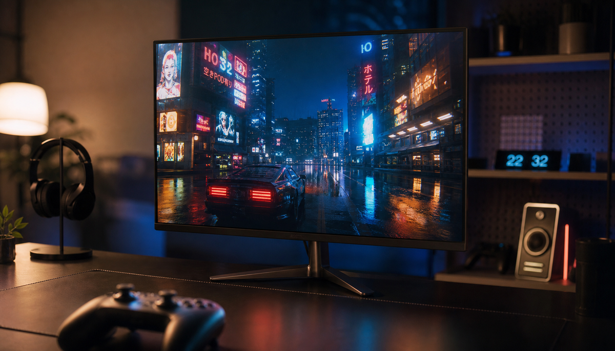 Gaming monitor displaying console HDR scene with neon city highlights on a dark gaming desk