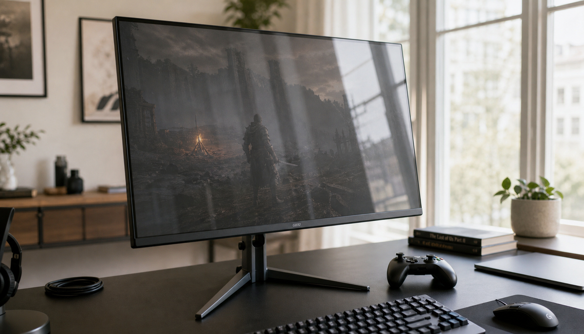 Gaming monitor displaying dark content in a bright sunlit room, with blacks appearing gray due to ambient light reflections on the screen