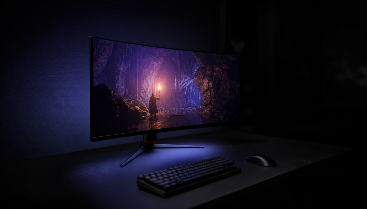 Gaming monitor displaying deep black levels in a dark room, illustrating how adaptive brightness affects perceived contrast