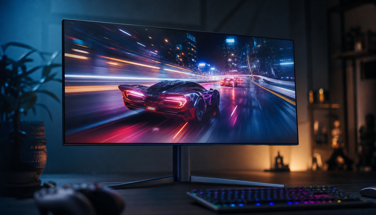 Gaming monitor displaying fast motion content in a dim room, illustrating response time and color accuracy during motion