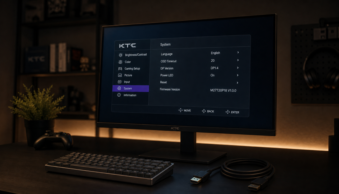 Gaming monitor displaying firmware version in its OSD menu, representing the process of checking and managing monitor firmware updates