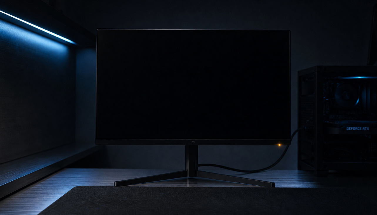 Gaming monitor displaying no signal in standby mode with a dim amber power LED, HDMI cable connected to a GPU on a dark gaming desk