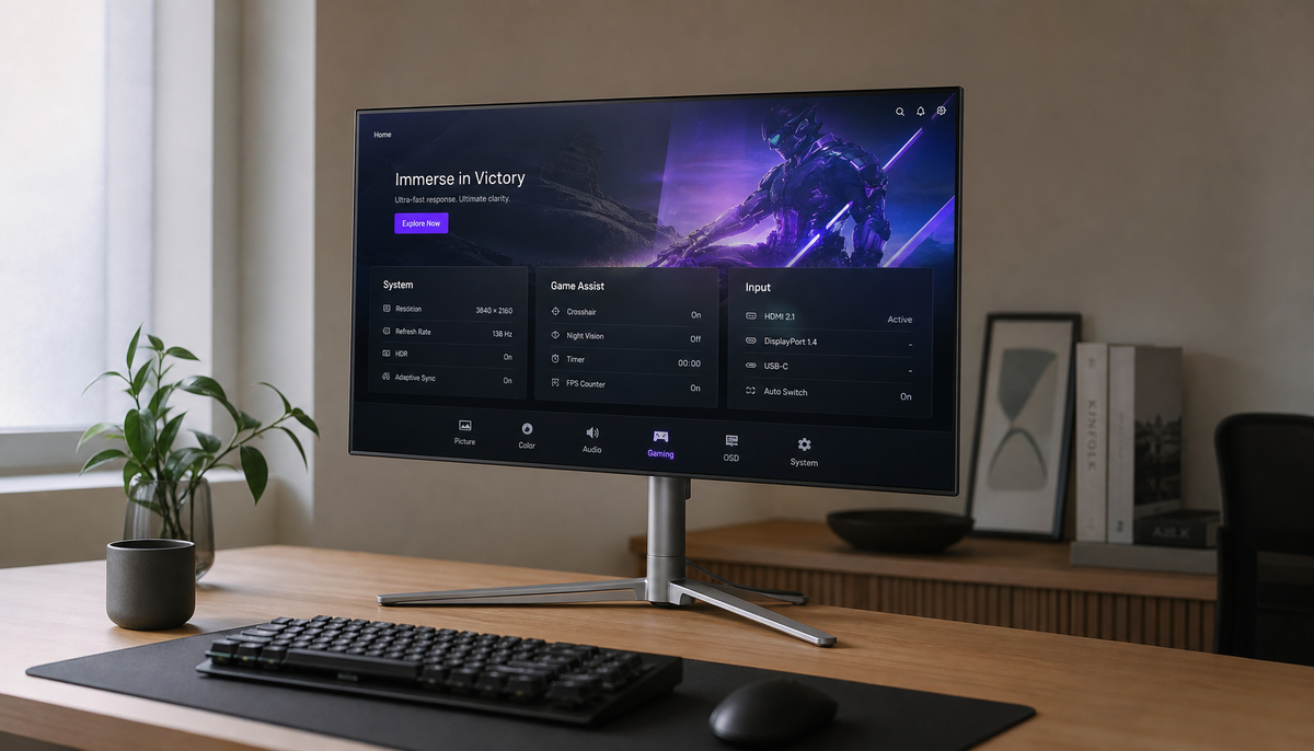 Gaming monitor displaying sharp desktop UI, illustrating how subpixel layout affects perceived text clarity