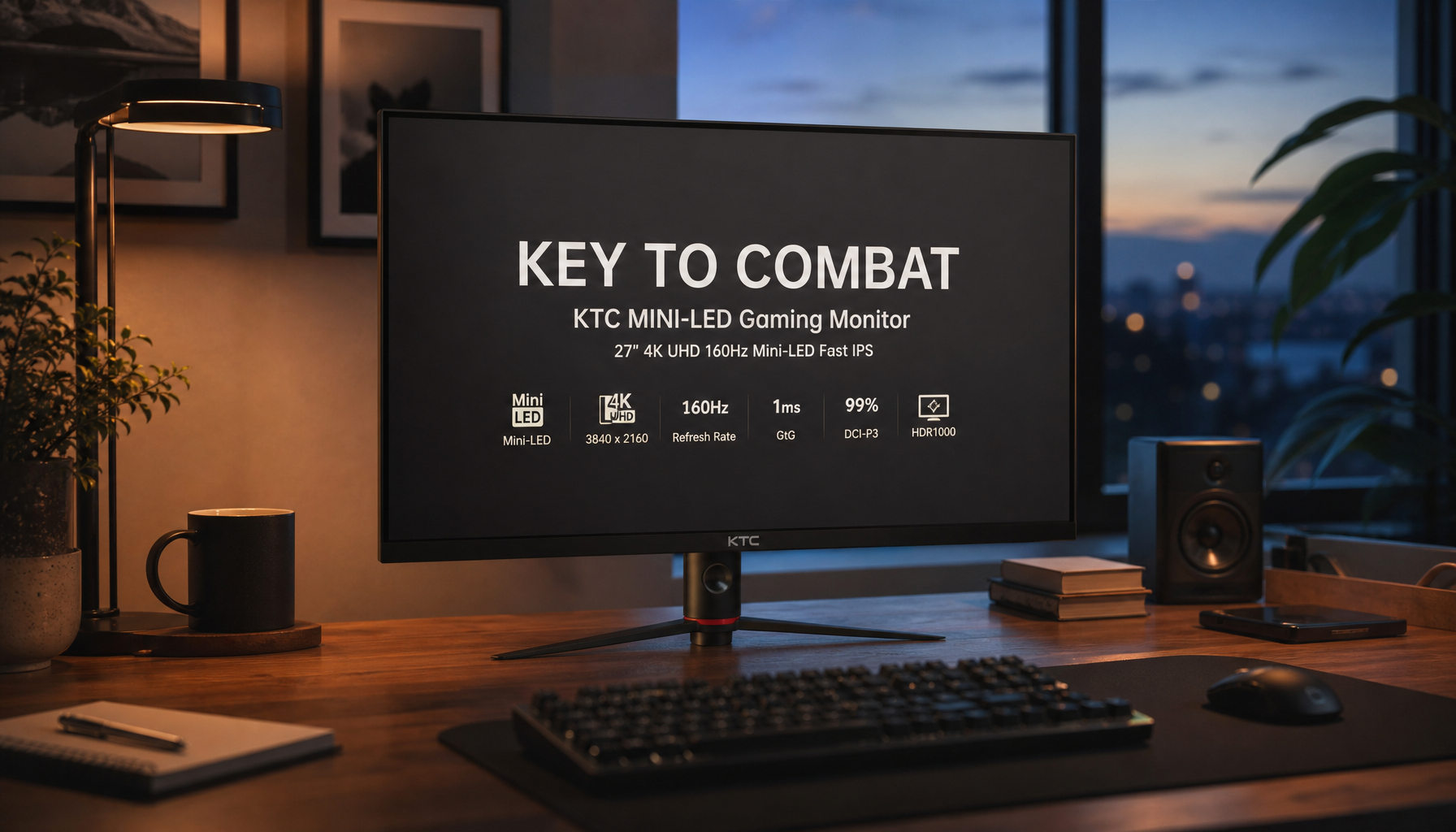 Gaming monitor displaying sharp text at comfortable brightness in a softly lit home office at dusk