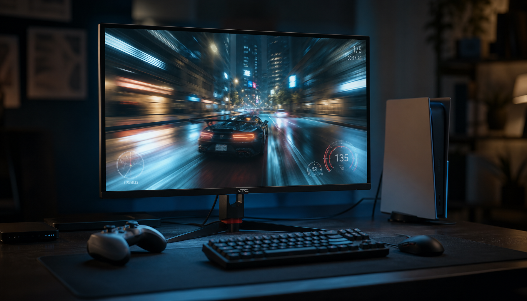 Gaming monitor displaying smooth motion in a dim setup, illustrating VRR over HDMI 2.0