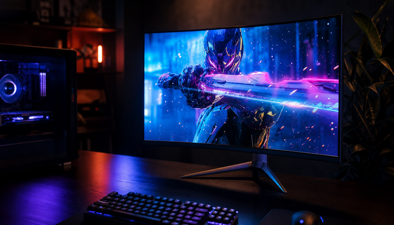 Gaming monitor displaying vivid HDR content in a dark room, illustrating the visual impact of high refresh rate displays