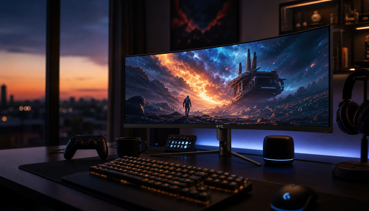 Gaming monitor displaying vivid colors after waking from sleep, lit desk setup