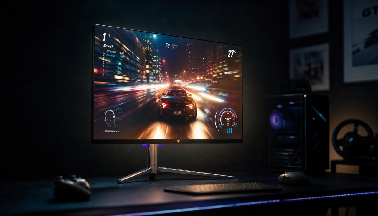 Gaming monitor glowing in a dark room, illustrating the brightness tradeoff when motion blur reduction is enabled
