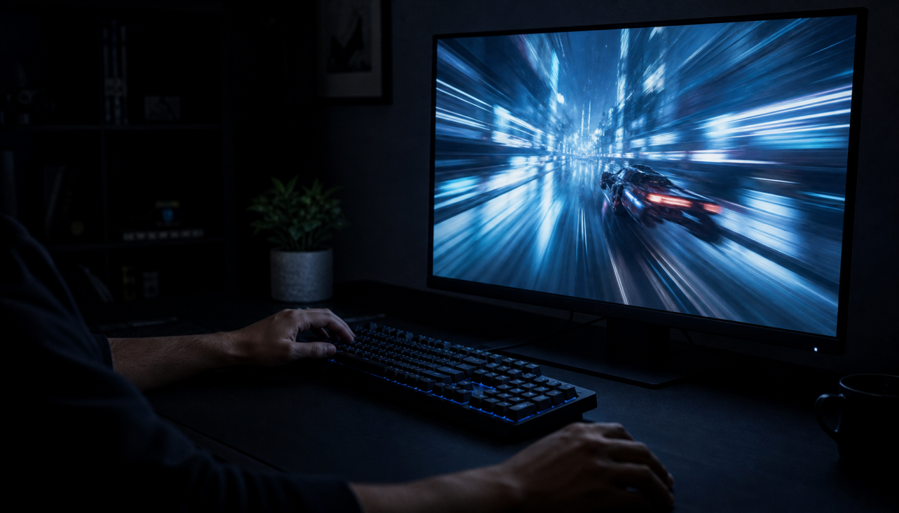 Gaming monitor glowing in a dim home office, illustrating the relationship between refresh rate and eye comfort during extended use
