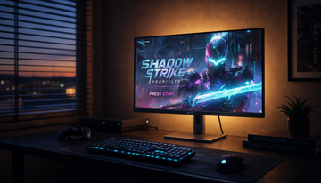 Gaming monitor glowing on a desk with HDMI cable connected to a console, showing a typical gaming setup that relies on HDMI CEC for automatic wake and input switching