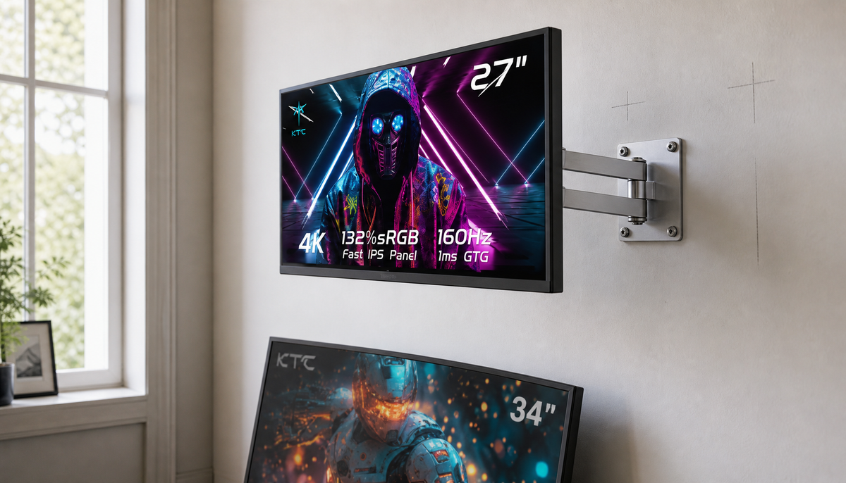 Gaming monitor mounted on a wall bracket with a newer curved monitor leaning below it, showing a wall mount upgrade scenario