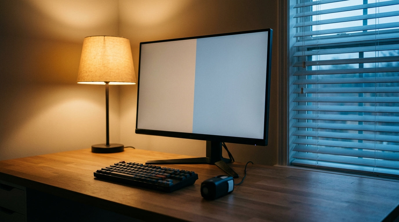 Gaming monitor on a desk showing different color temperature under morning daylight versus warm evening lamp light