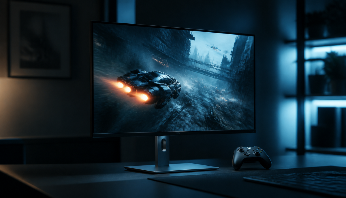Gaming monitor on a desk with a console controller, showing smooth VRR gameplay