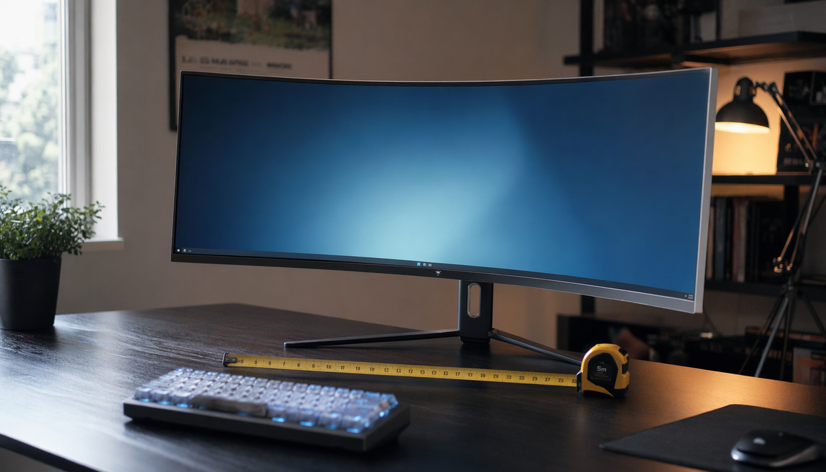Gaming monitor on a desk with a measuring tape showing ideal viewing distance