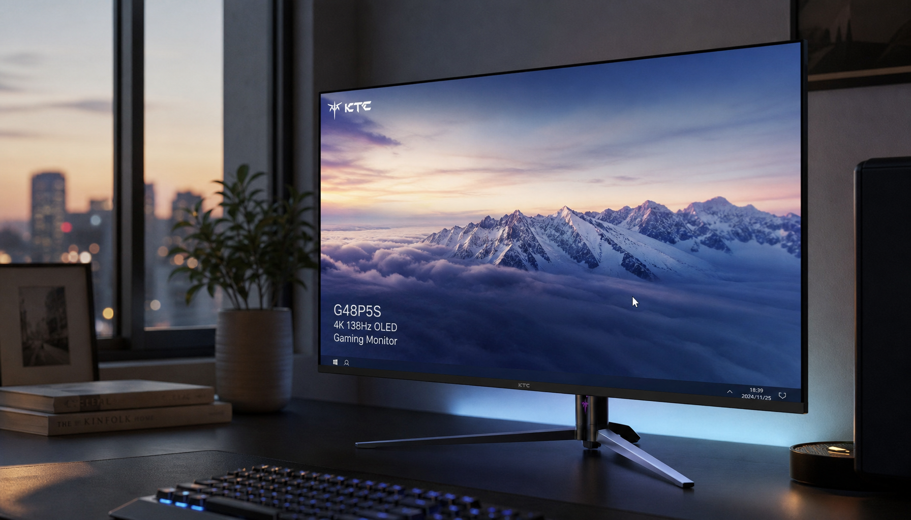 Gaming monitor on a desktop showing cursor on a static screen with Adaptive Sync enabled