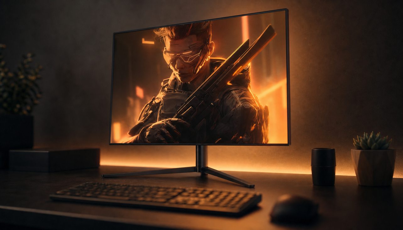 Gaming monitor set to warm color mode in a dimly lit room with bias lighting for comfortable evening use