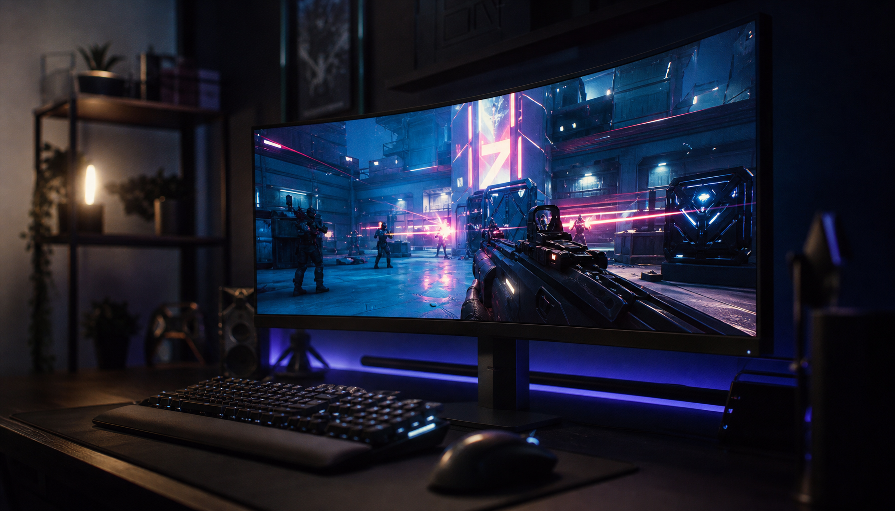 Gaming monitor setup showing a competitive FPS game at ultra-high refresh rate, representing the 360Hz vs 480Hz comparison