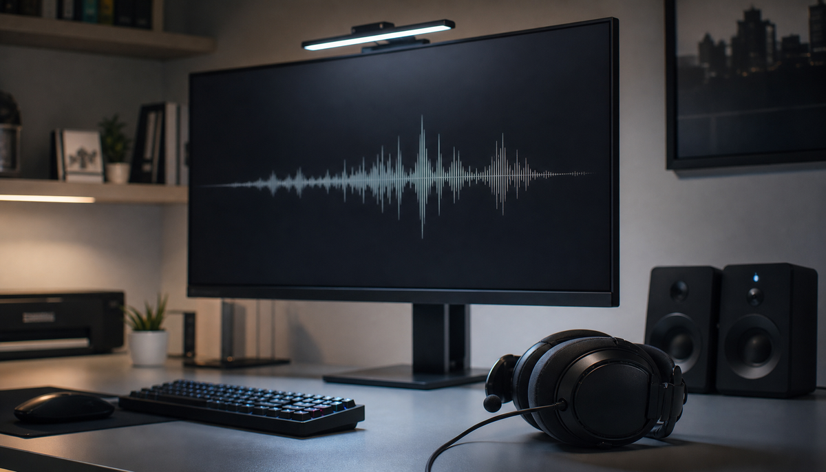 Gaming monitor setup with misrouted audio playing from built-in monitor speakers instead of a connected headset
