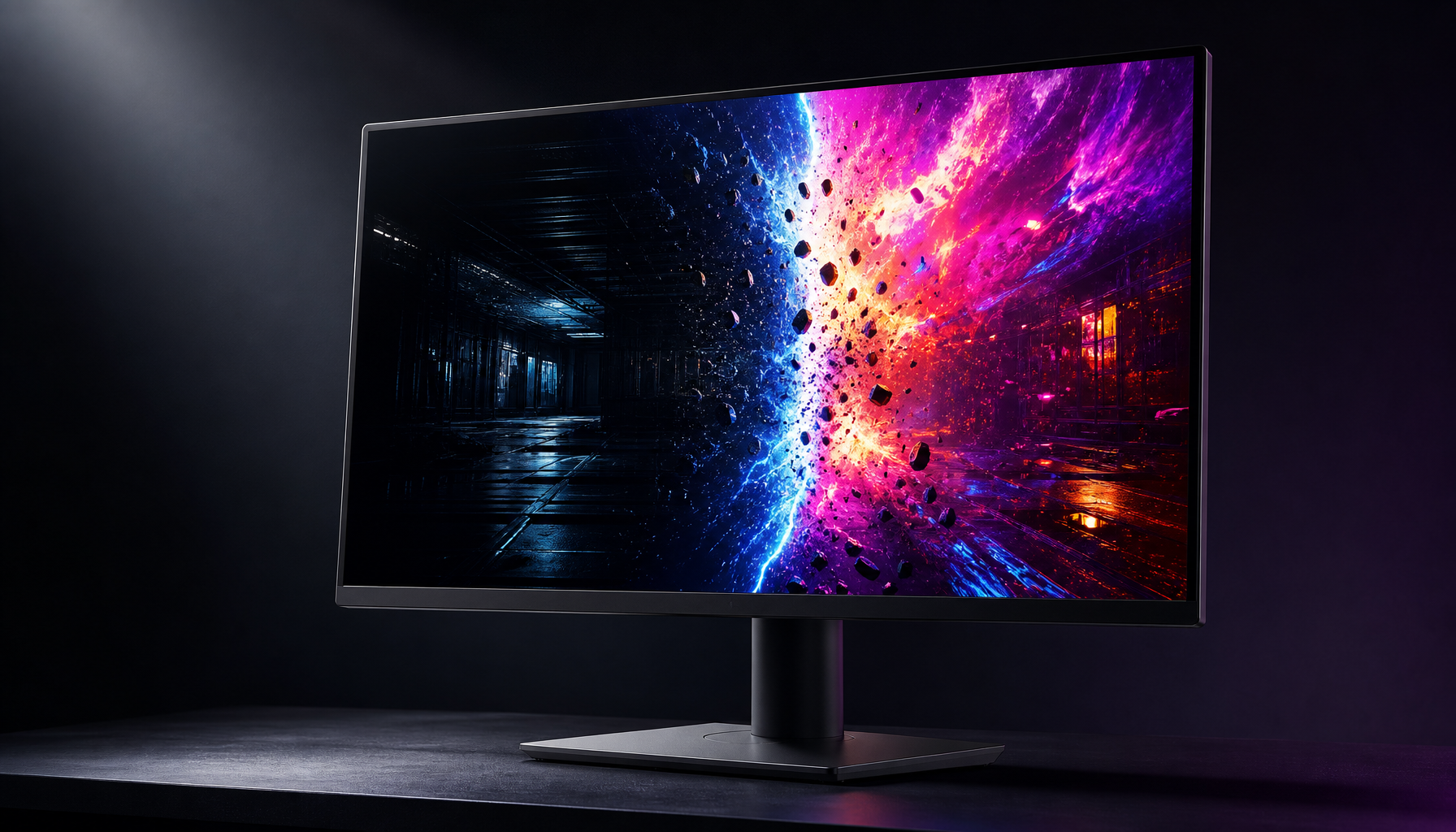 Gaming monitor showing HDR brightness transition between dark and bright scenes