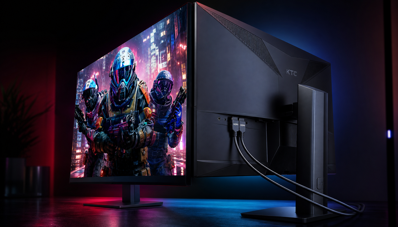 Gaming monitor showing HDR content through HDMI port connection in dark studio setup