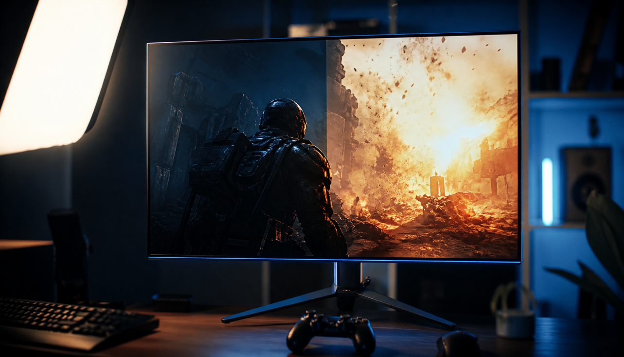 Gaming monitor showing HDR-enabled scene with high-contrast highlights and deep blacks in a dark room setup
