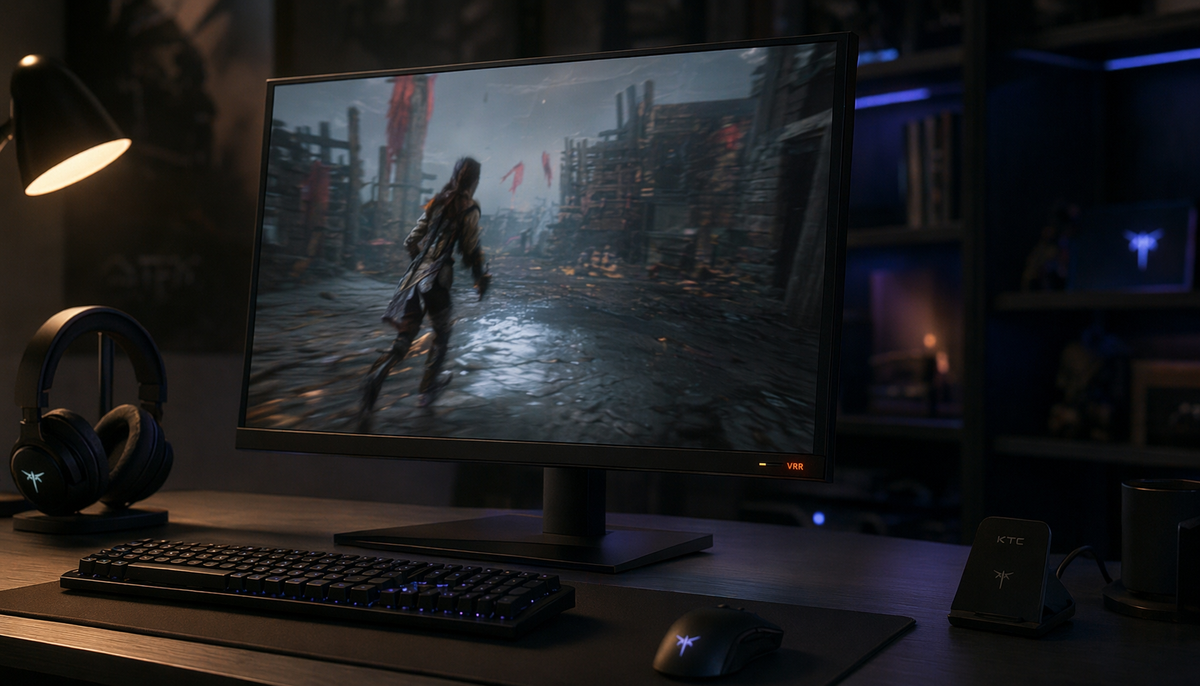 Gaming monitor showing VRR instability with a 30fps locked console game, amber indicator light visible on the bezel