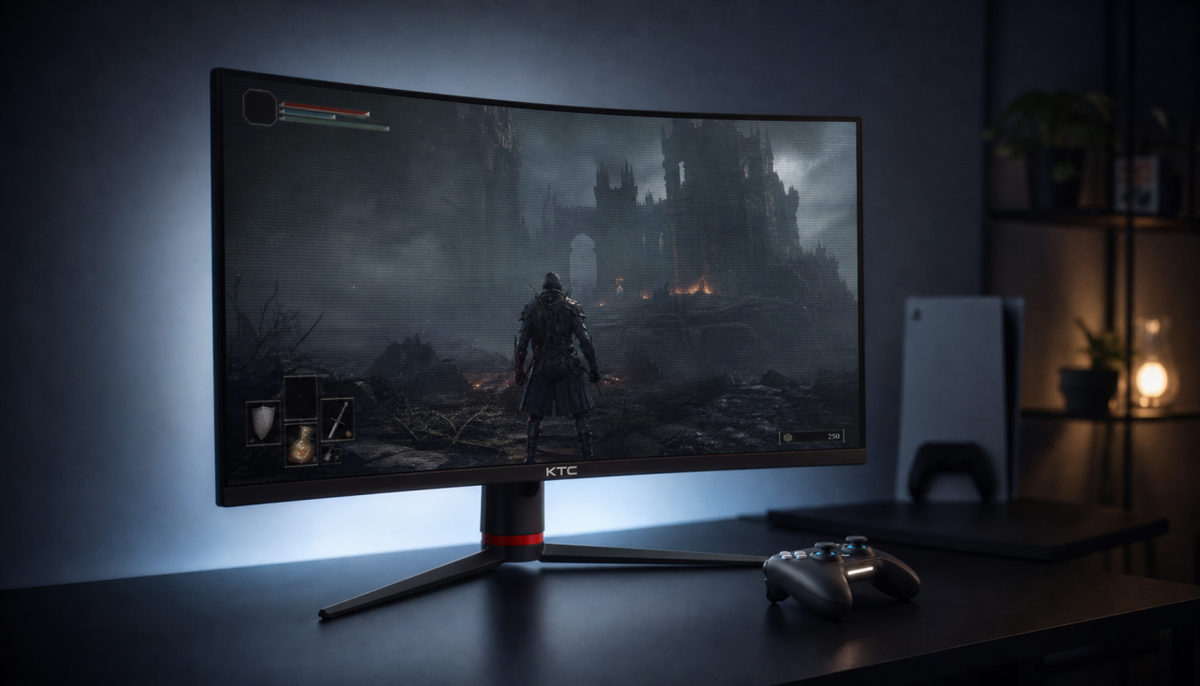 Gaming monitor showing VRR screen flickering during console gameplay in a dark room