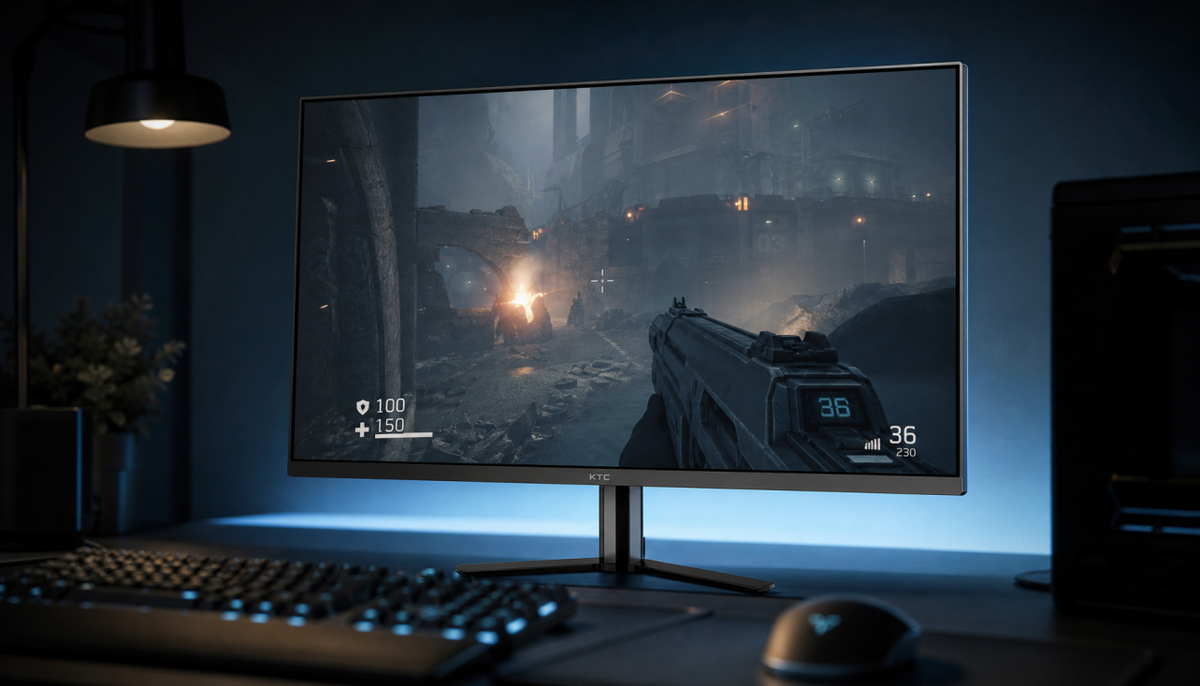 Gaming monitor showing a crosshair overlay on a dark FPS game scene, representing input lag and display responsiveness questions