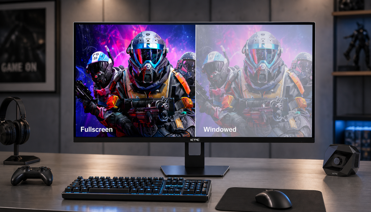 Gaming monitor showing color difference between full-screen and windowed mode display