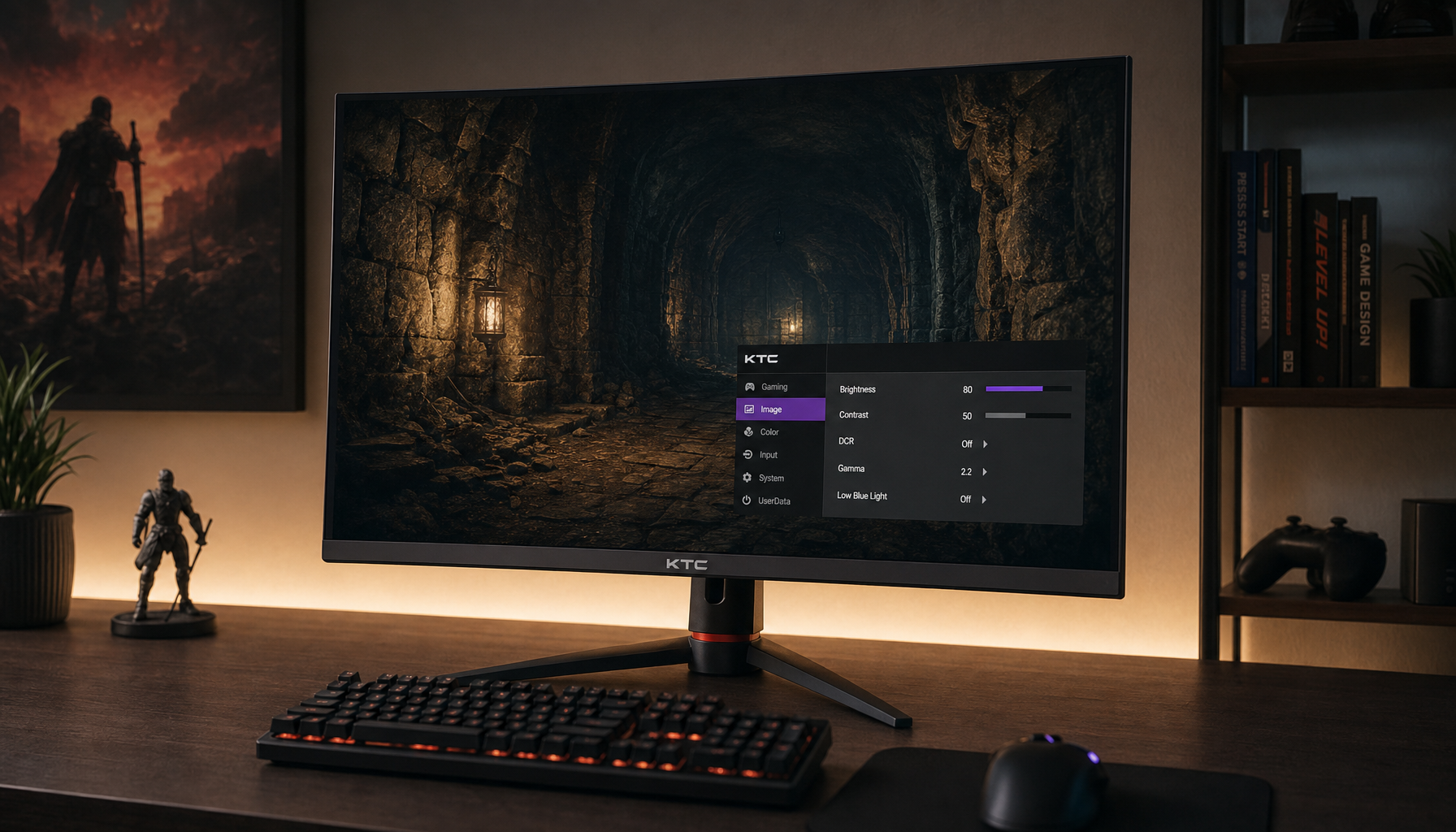 Gaming monitor showing dark dungeon scene with calibrated shadow detail and display settings menu visible