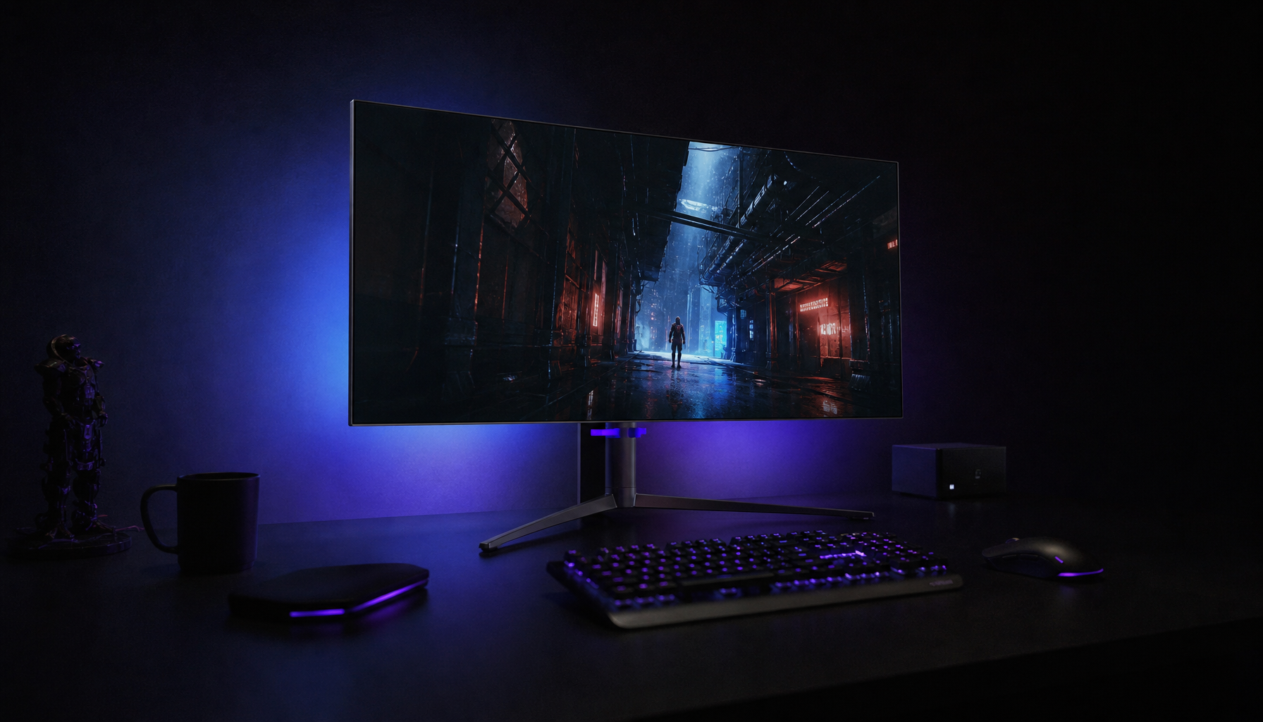 Gaming monitor showing deep blacks in a dark room, demonstrating contrast performance and black level quality